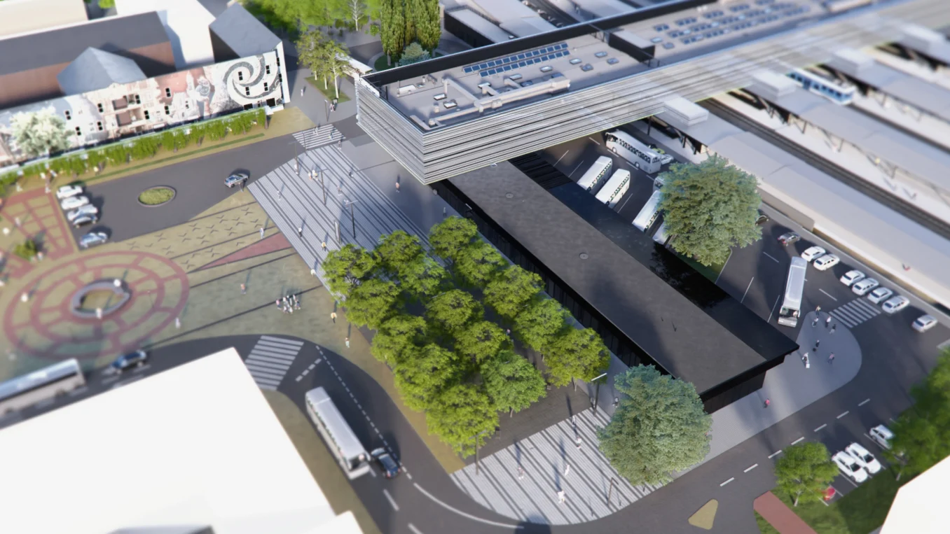 Dworzec Częstochowa Główna autorstwa pracowni TOPROJEKT z Rybnika - widok z lotu ptaka