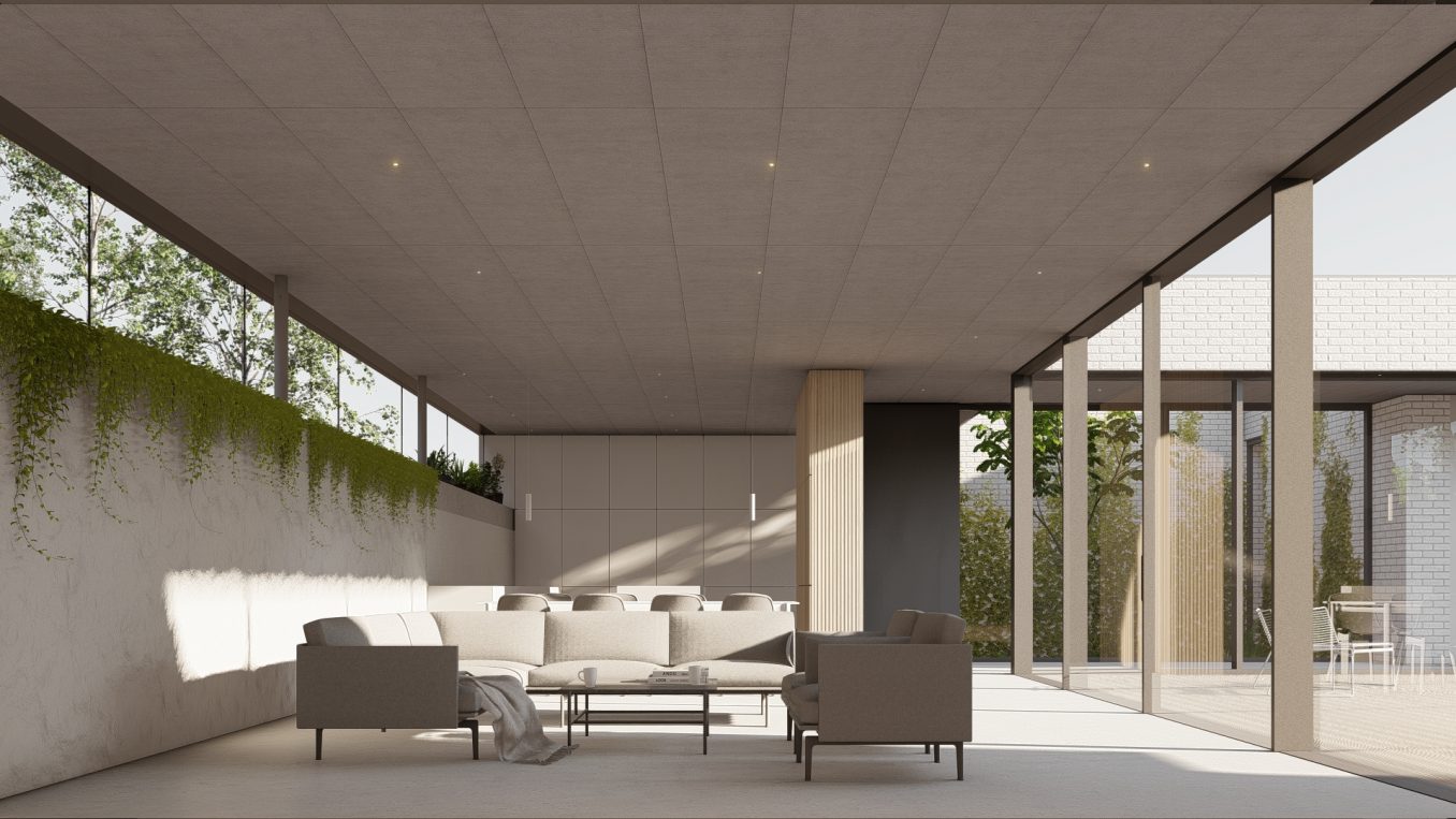 Wizualizacja salonu z tarasem i widokiem na las