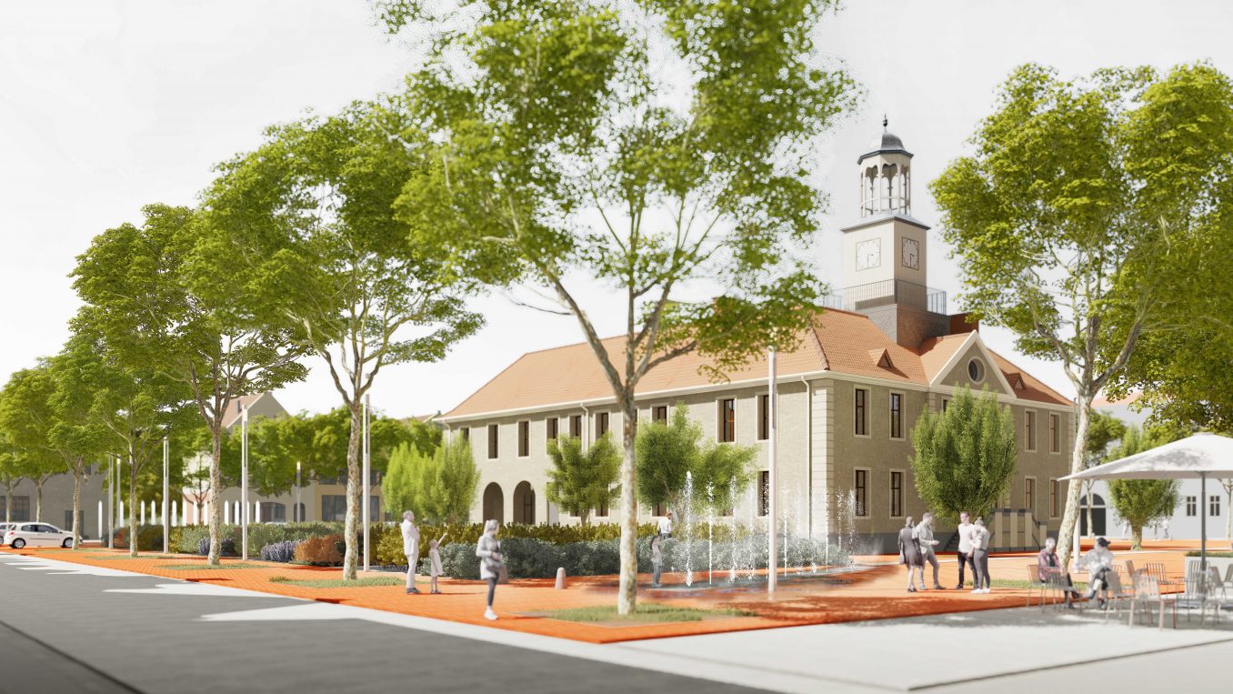 Render budynku Ratusza z wieżą zegarową w Trzebiatowie.